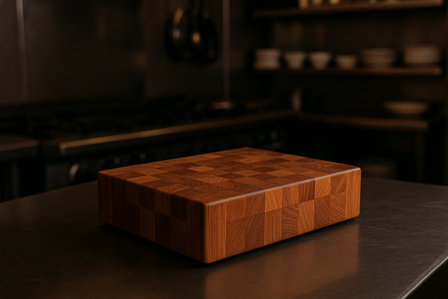 Wooden cutting board on a dark surface with a blurred kitchen background