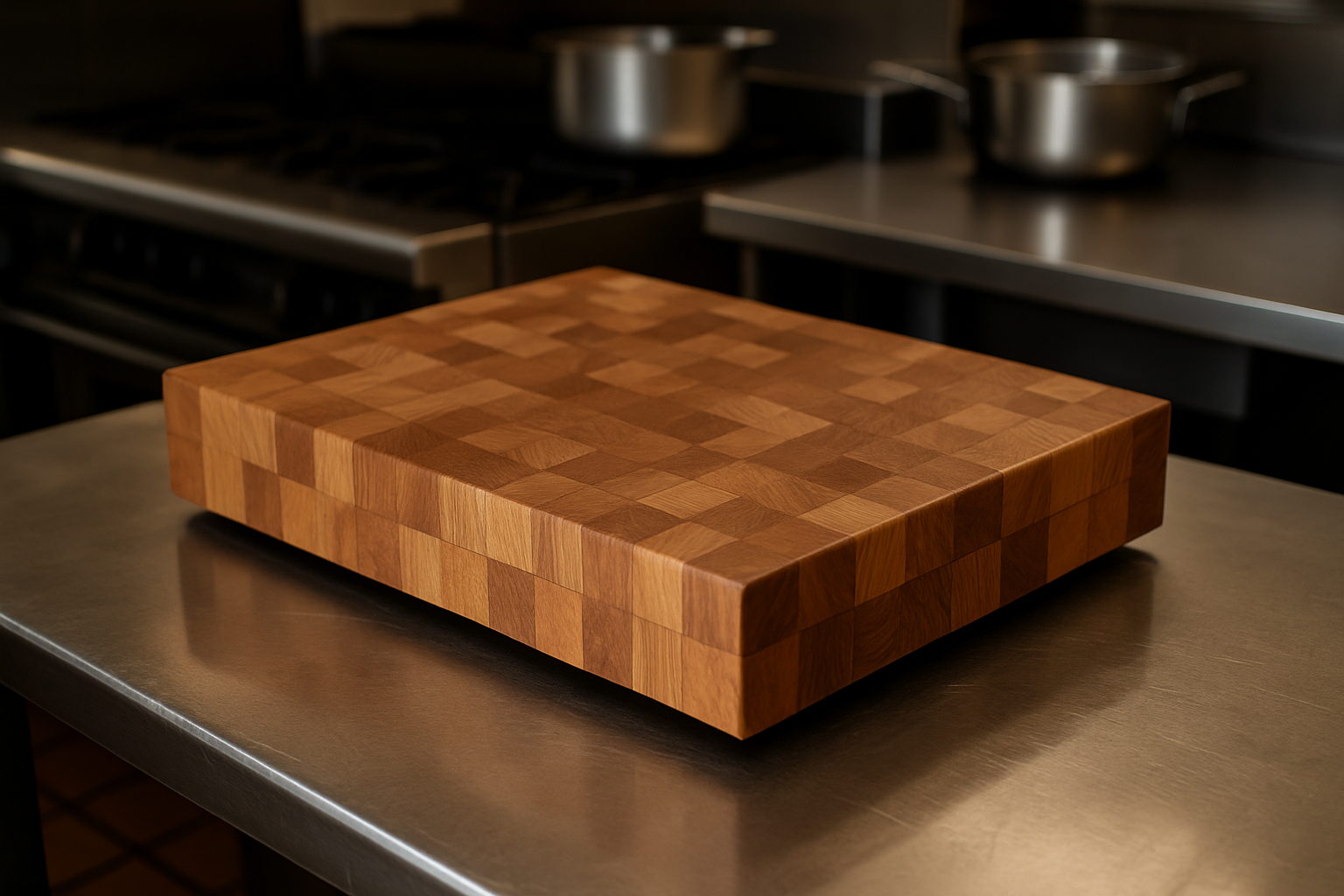Wooden cutting board on a metallic kitchen counter