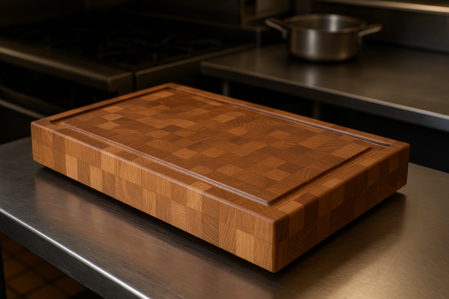 Wooden cutting board on a kitchen counter with a pot in the background