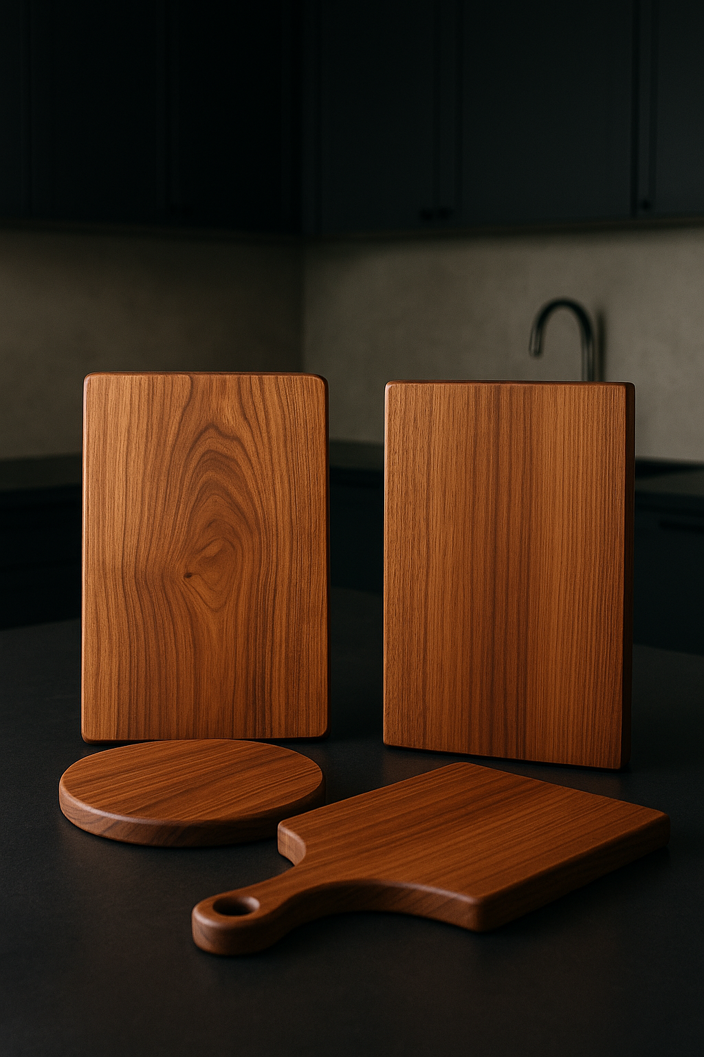 Set of wooden cutting boards on a dark surface