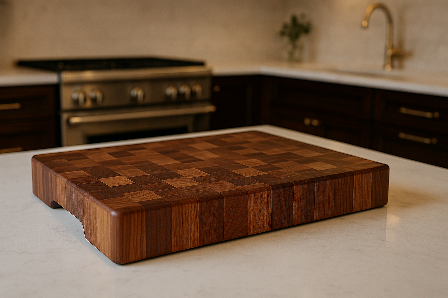 Wooden cutting board on a kitchen counter with a blurred background