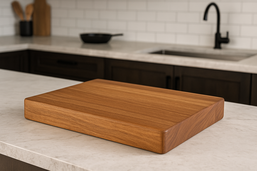 Wooden cutting board on a kitchen counter with a blurred background