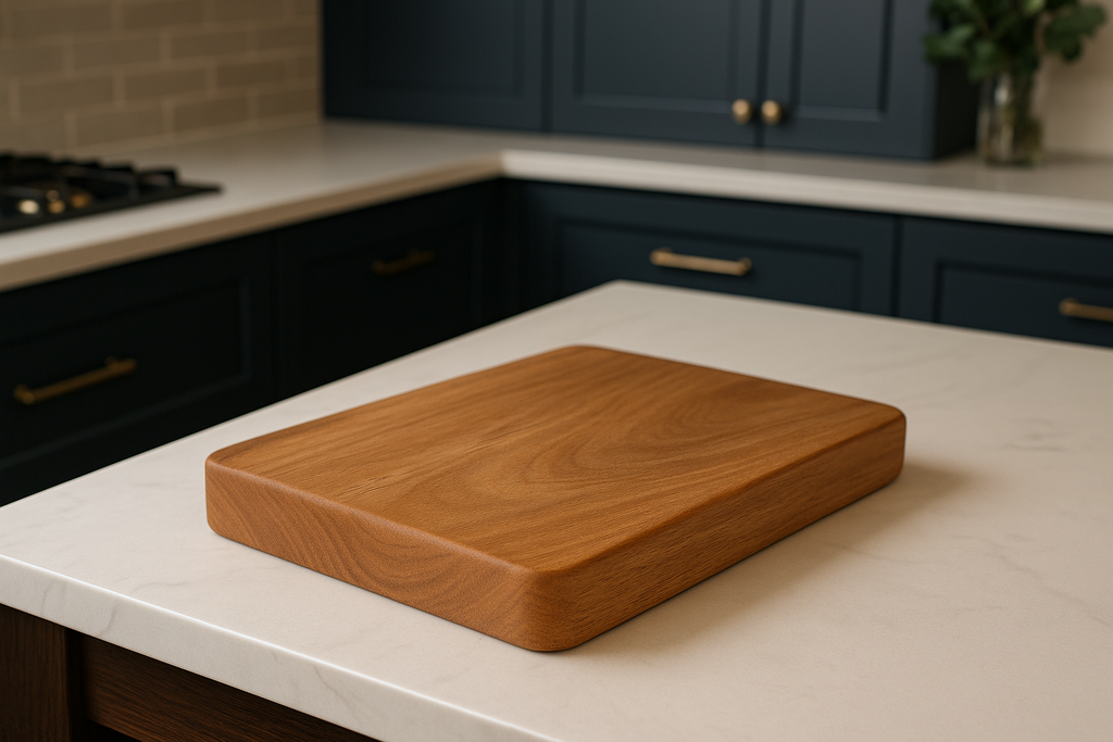 Wooden cutting board on a kitchen counter with blurred cabinets and stove in the background