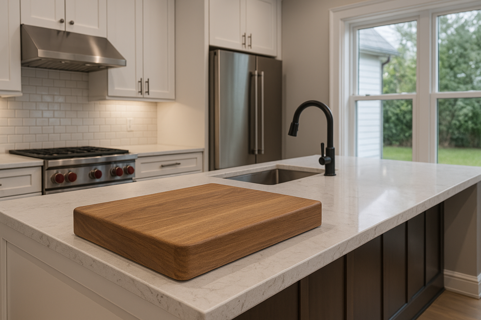 Modern kitchen with a wooden cutting board on a white countertop