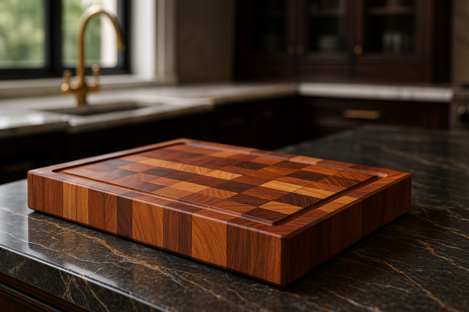 Wooden cutting board on a kitchen counter with blurred background