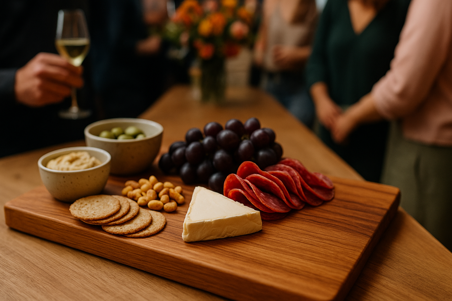 Wooden charcuterie board with cheese, crackers, and cured meats on a wooden table with people in the background.