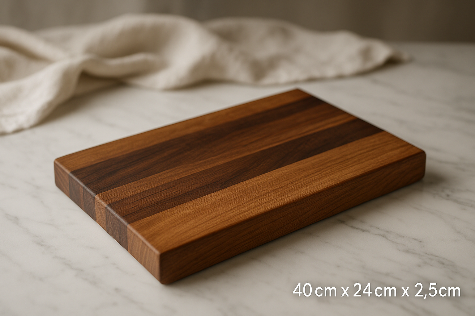 Wooden cutting board with striped pattern on a marble surface