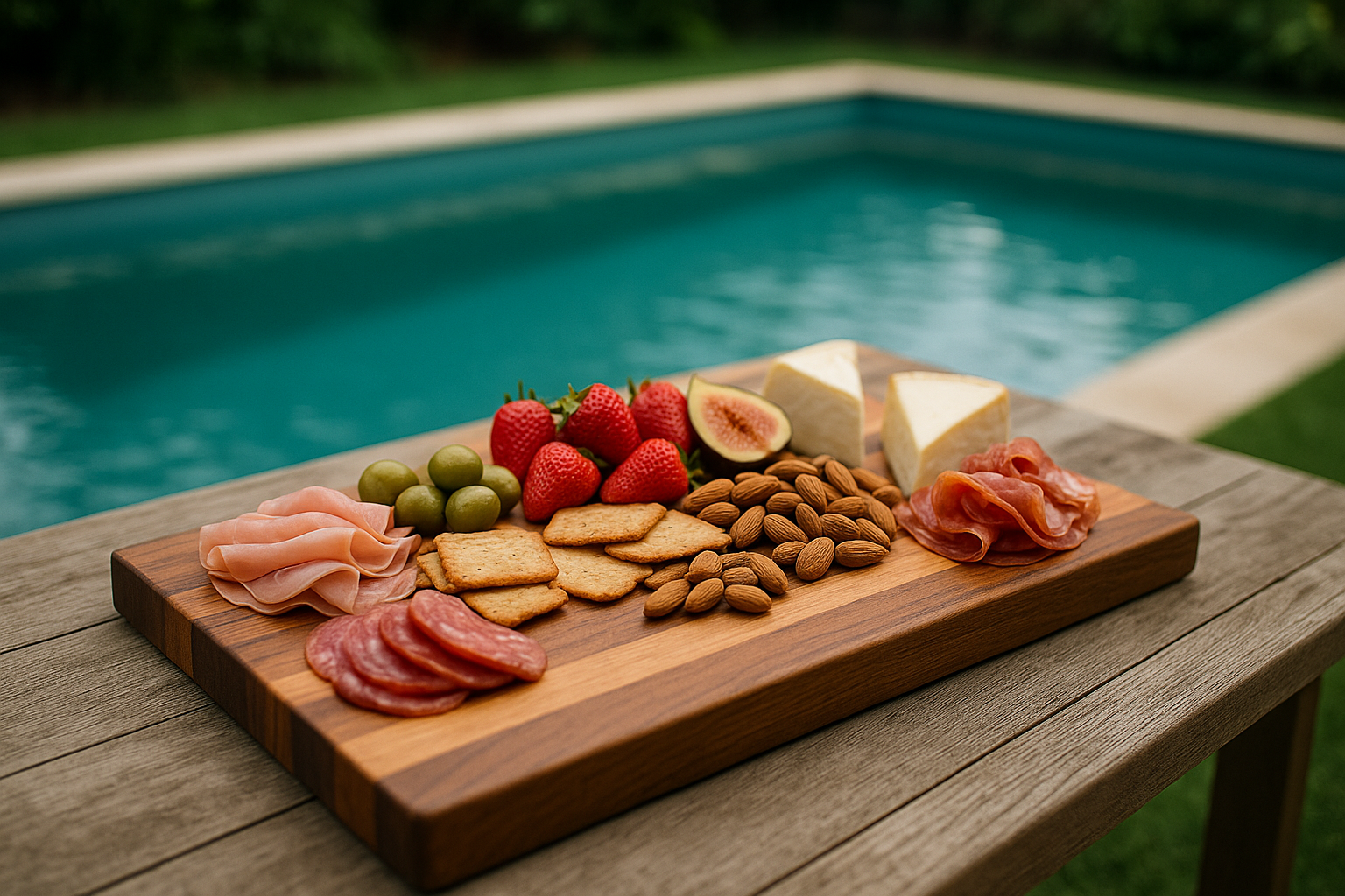 Wooden platter with assorted snacks by a poolside
