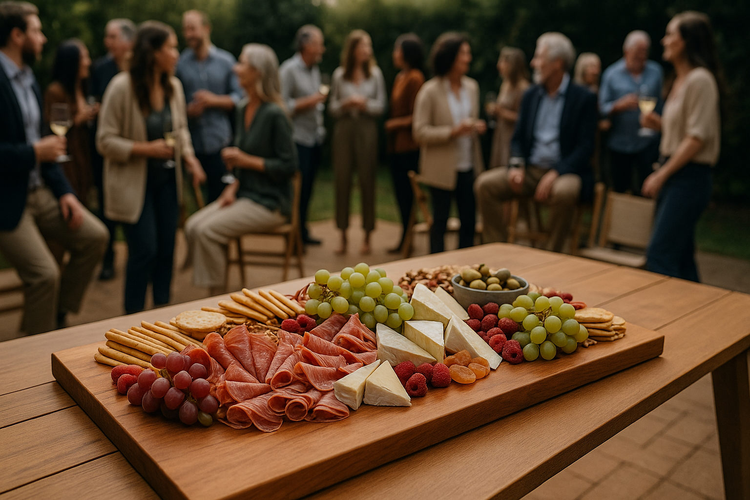 Wooden charcuterie board with meats, cheeses, and fruits on a wooden table outdoors.