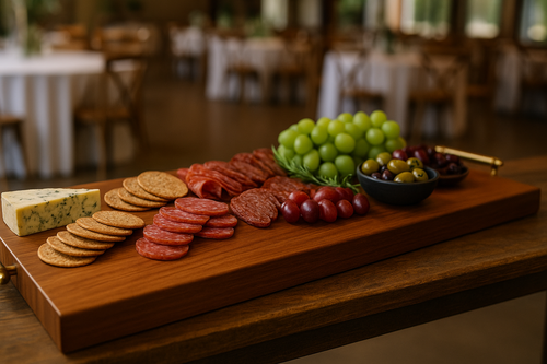 Wooden charcuterie board with meats, cheeses, and fruits on a blurred background