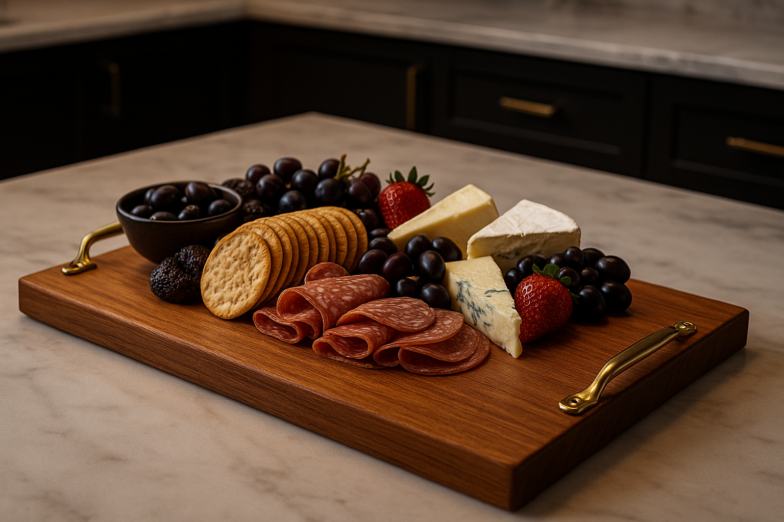 Wooden charcuterie board with meats, cheeses, and fruits on a marble countertop.