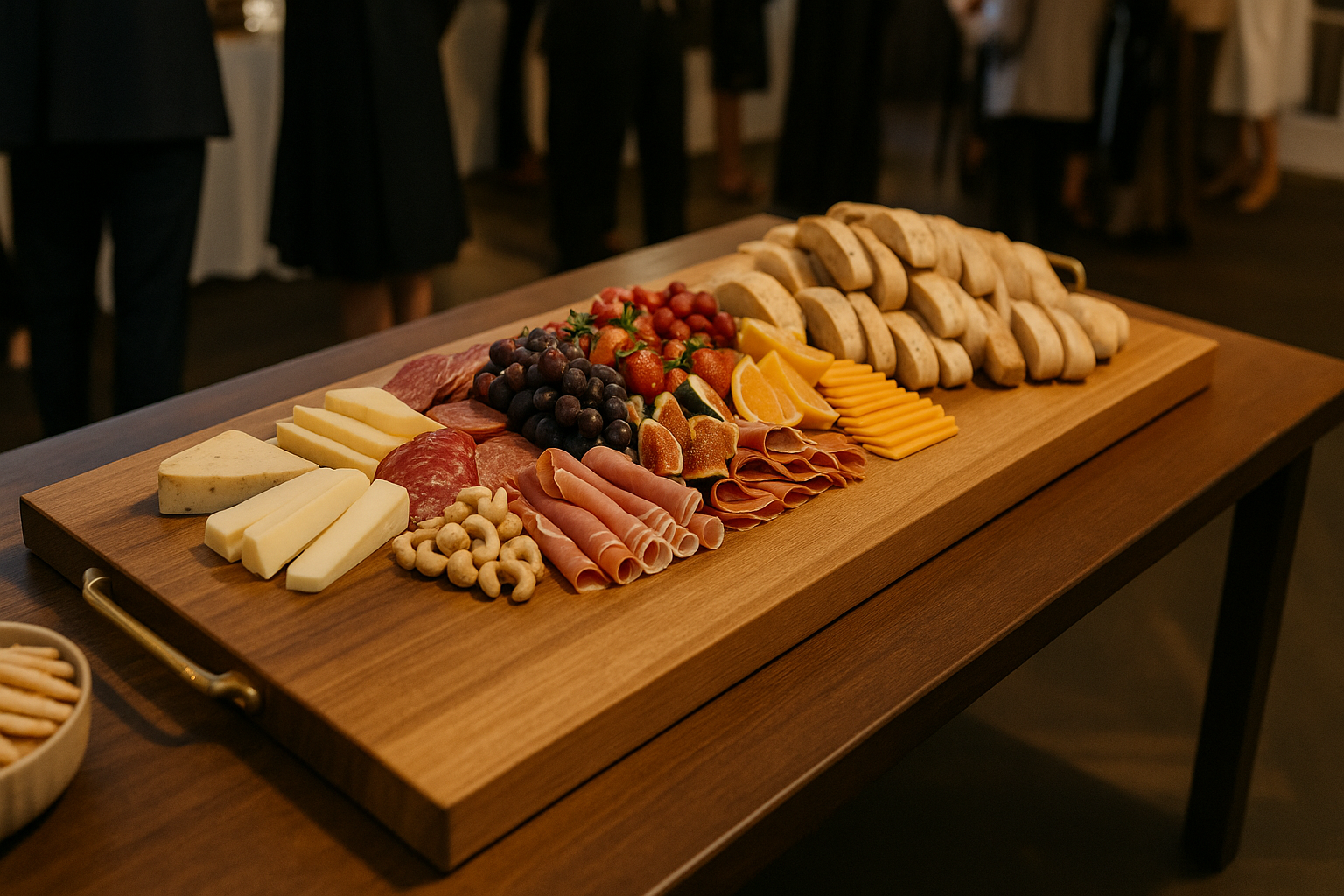 Wooden charcuterie board with meats, cheeses, and fruits on a wooden table.