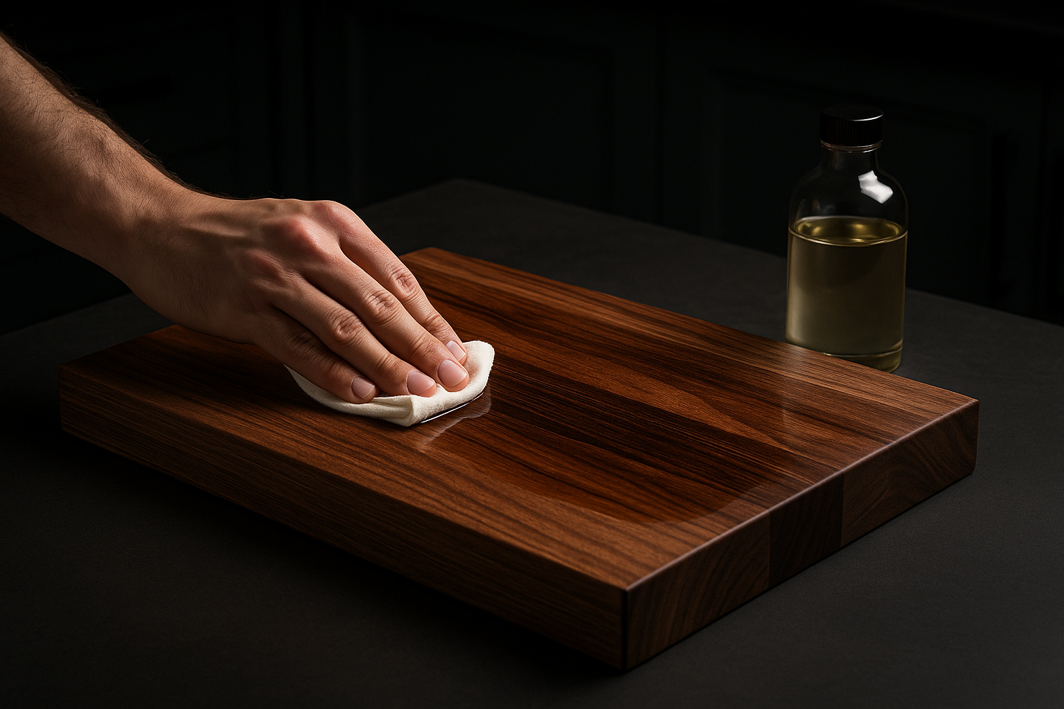 Person cleaning a wooden cutting board with a cloth on a dark surface.