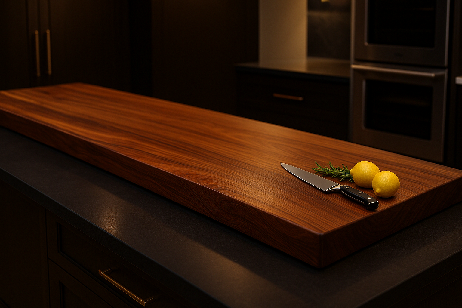 Wooden cutting board with a knife and lemons on a dark kitchen counter