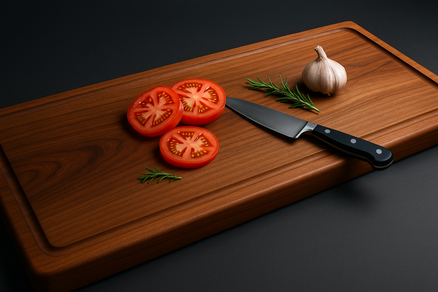 Wooden cutting board with sliced tomatoes, a knife, and a bulb of garlic on a dark background