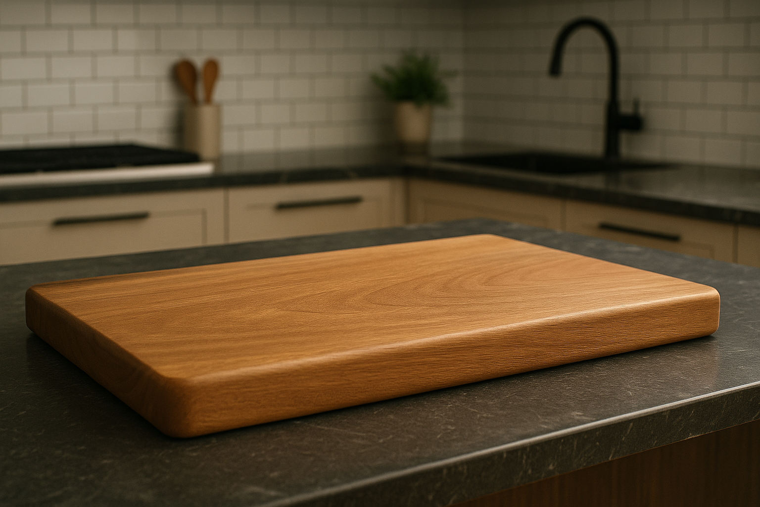 Wooden cutting board on a kitchen counter with blurred background